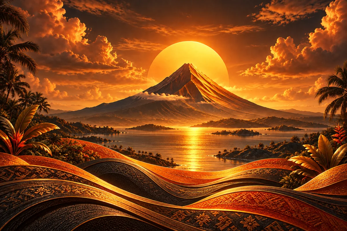About — orange-gold Mayon mountain illustration