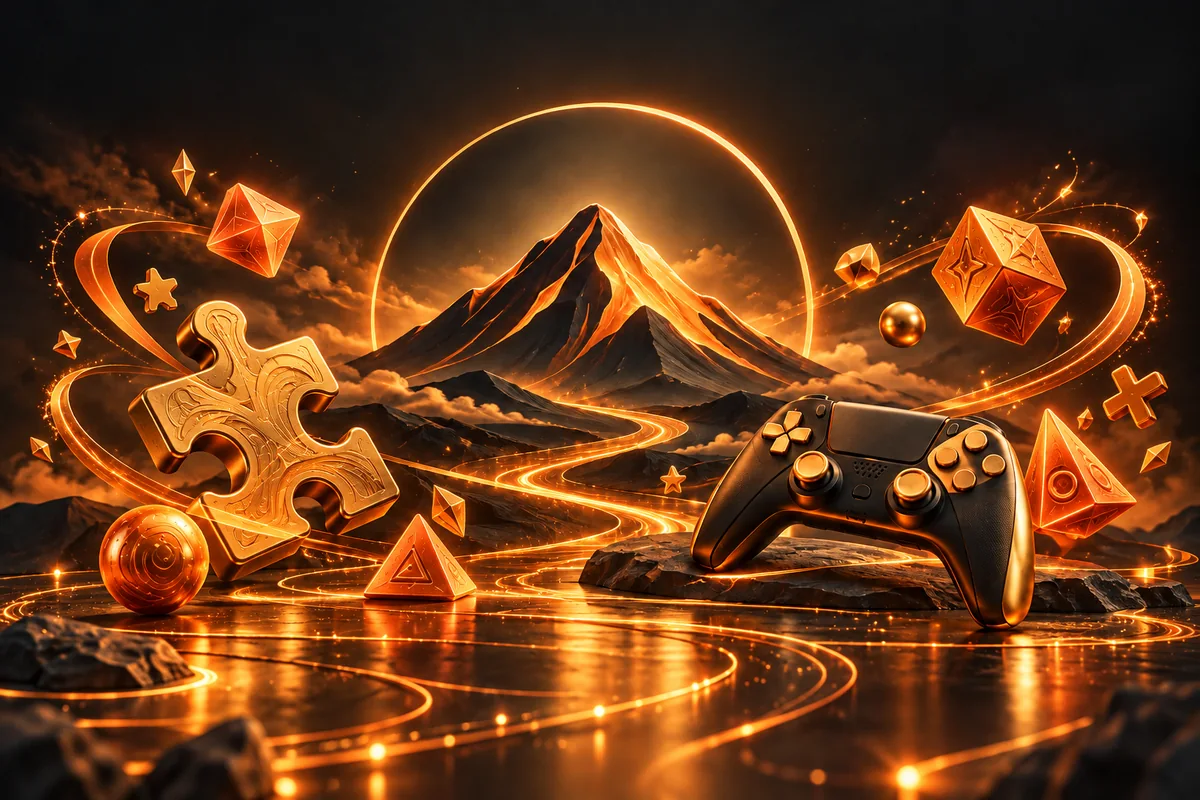 Games — orange-gold Mayon mountain illustration