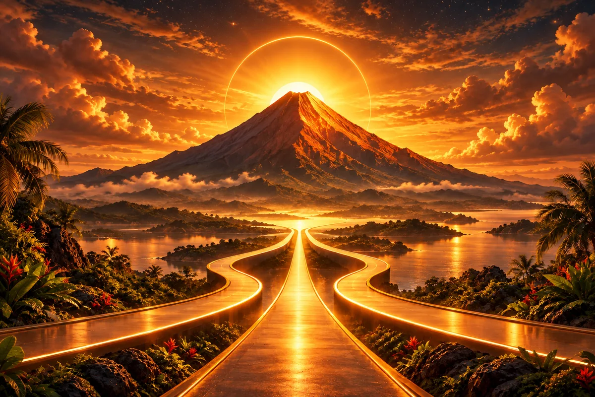 Home — orange-gold Mayon mountain illustration